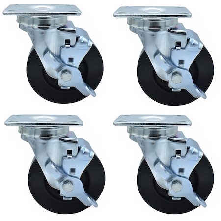 Bk Resources 4-inch Plate Casters, Hard Rubber Wheels, Top Lock Brake, 300lb Capacity, 4PK 4SBR-1PT-HR-PS4